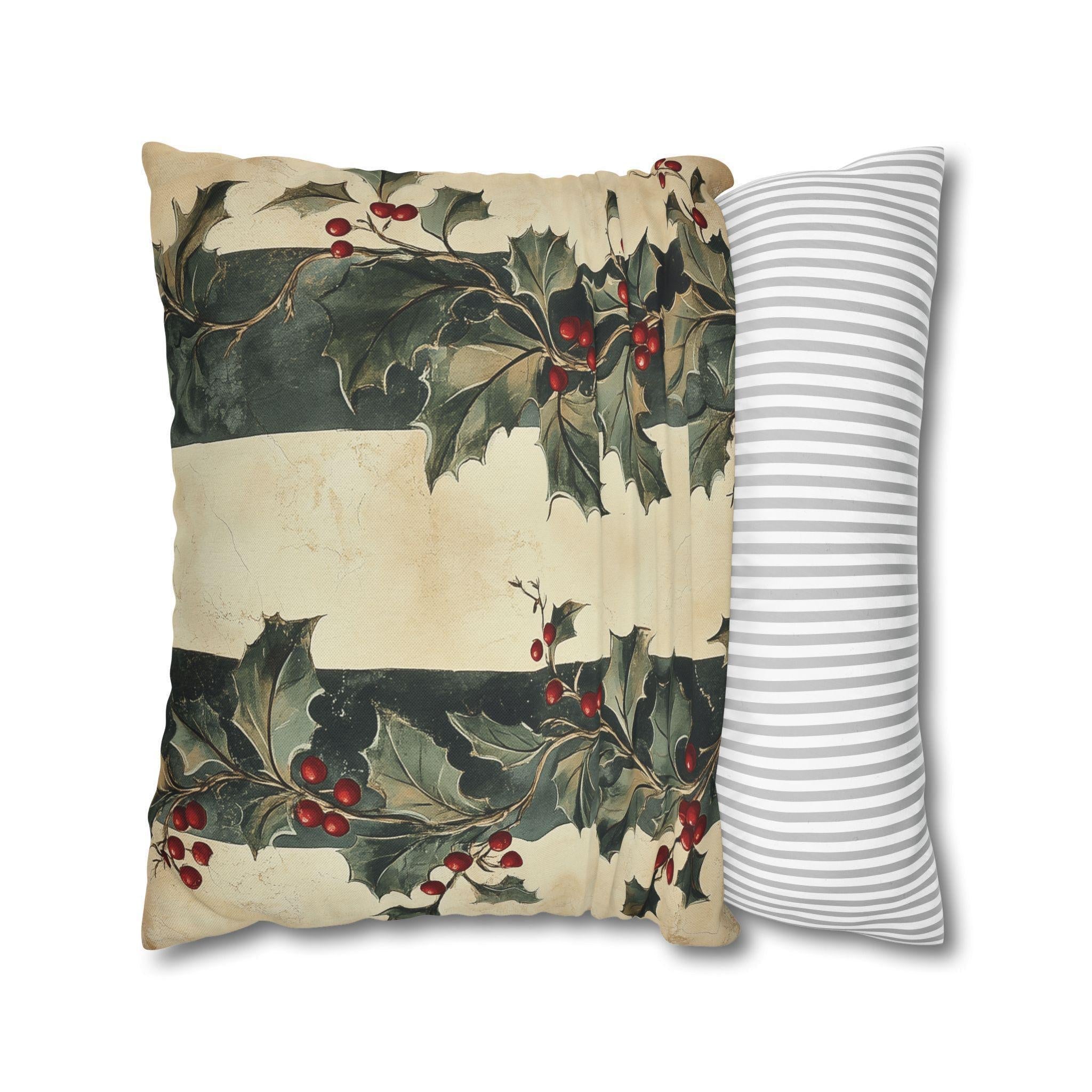 Holly & Stripes Pillow Cover: Vintage Style Christmas Botanical Holiday Accent