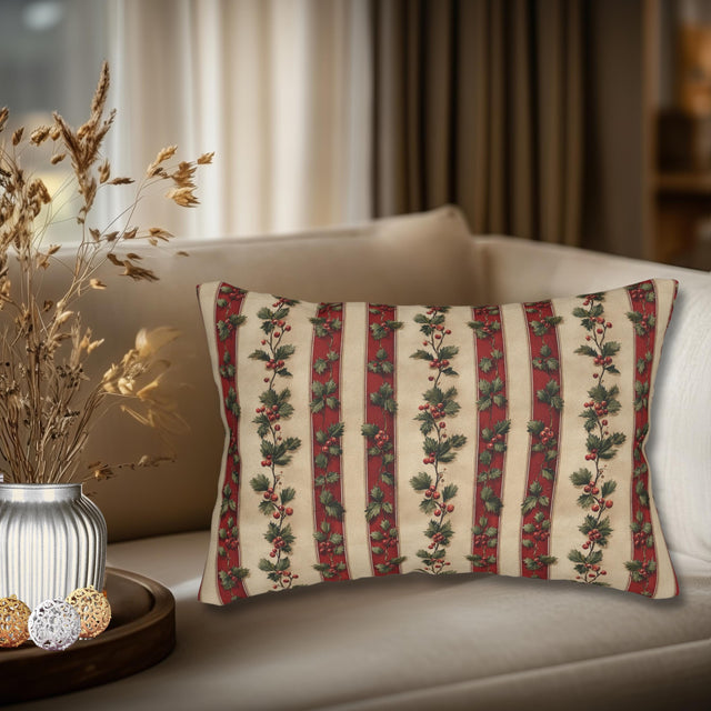 Striped Holly Christmas Lumbar PIllow: Red, Green, Cream Holiday Botanical Winter Decor