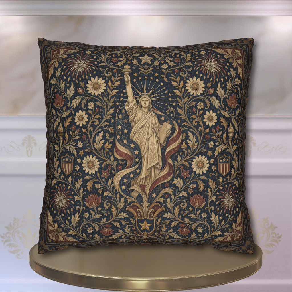 Patriotic Pillow Cover: Americana Statue of Liberty Botanical Design