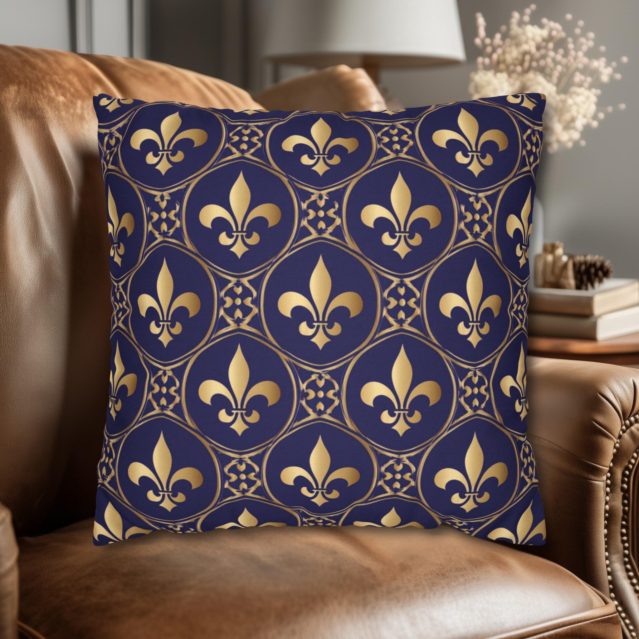 Blue Fleur de Lys Pillow Cover: Royal Gold French Heraldic Pattern