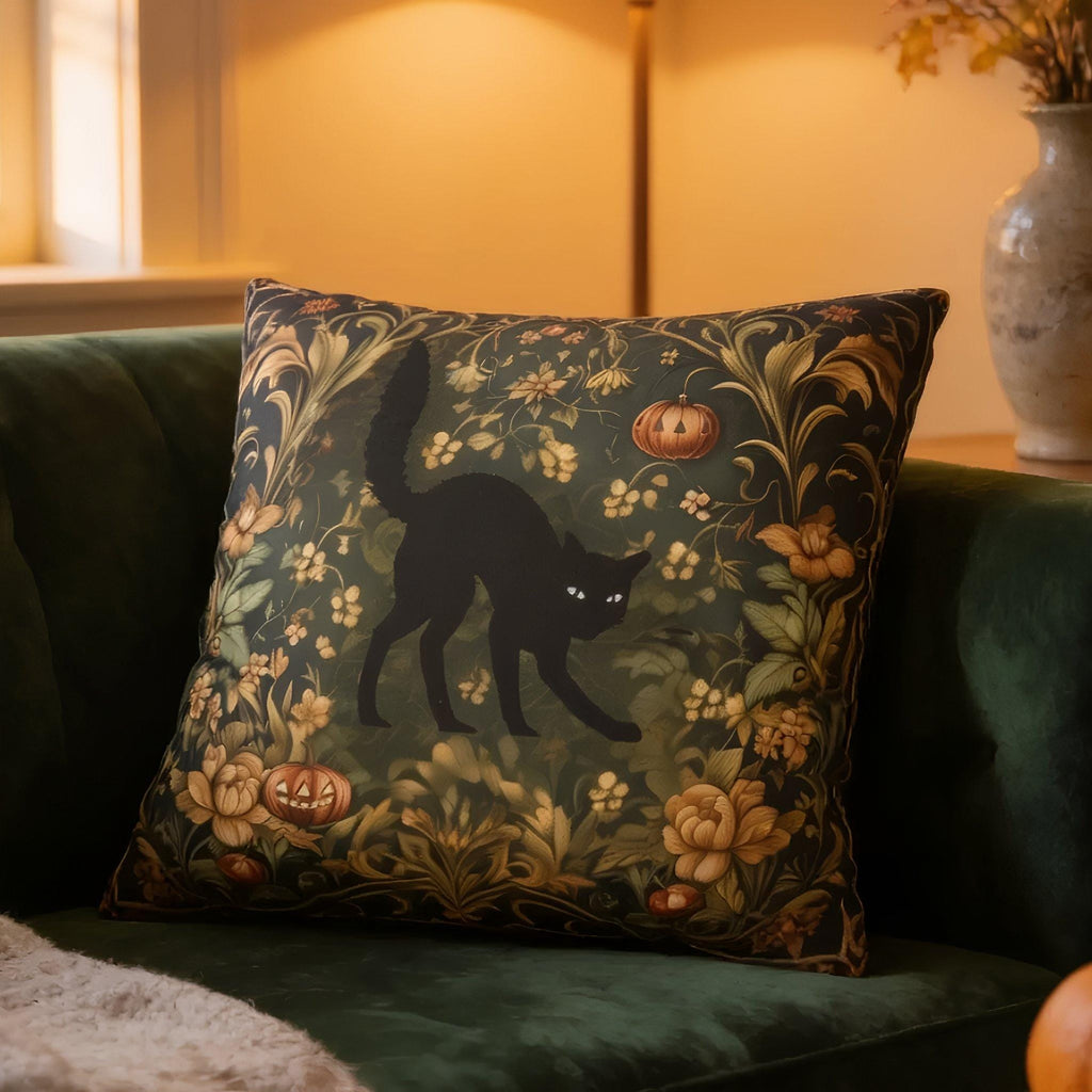 William Morris Inspired Fall Pillow Cover: Black Cat Halloween Botanical Decor