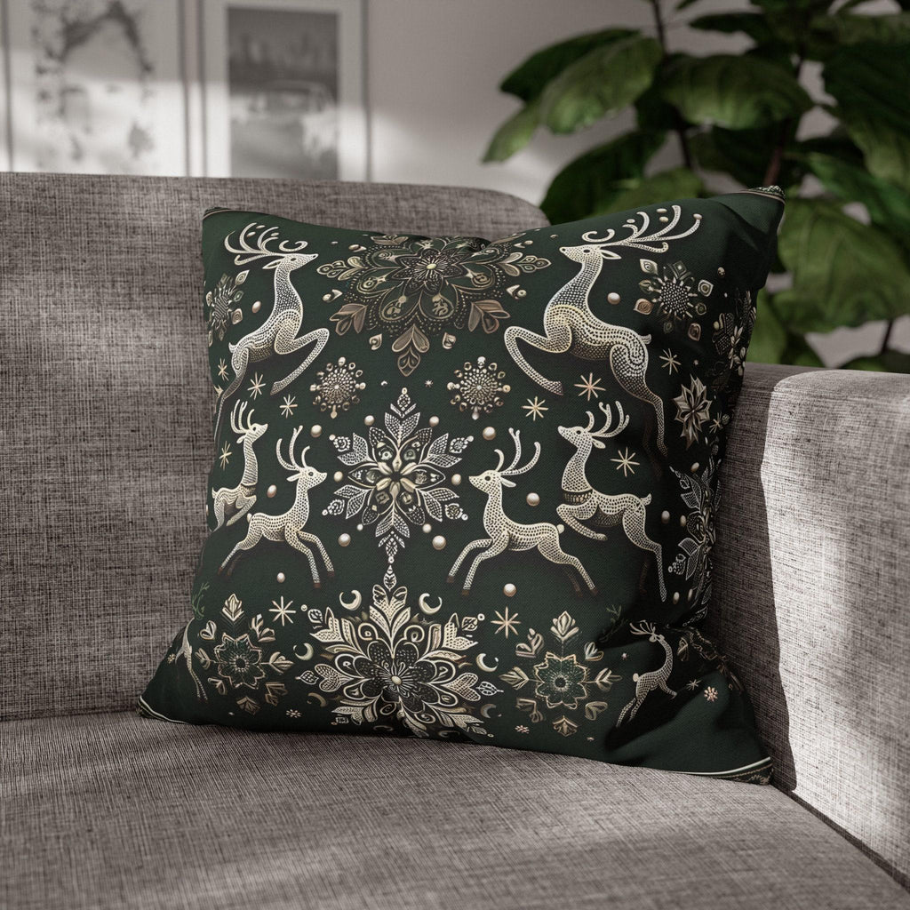 Elegant Emerald Green Throw Pillow Cover with Intricate Snowflakes and Reindeer Design