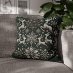 Elegant Emerald Green Throw Pillow Cover with Intricate Snowflakes and Reindeer Design