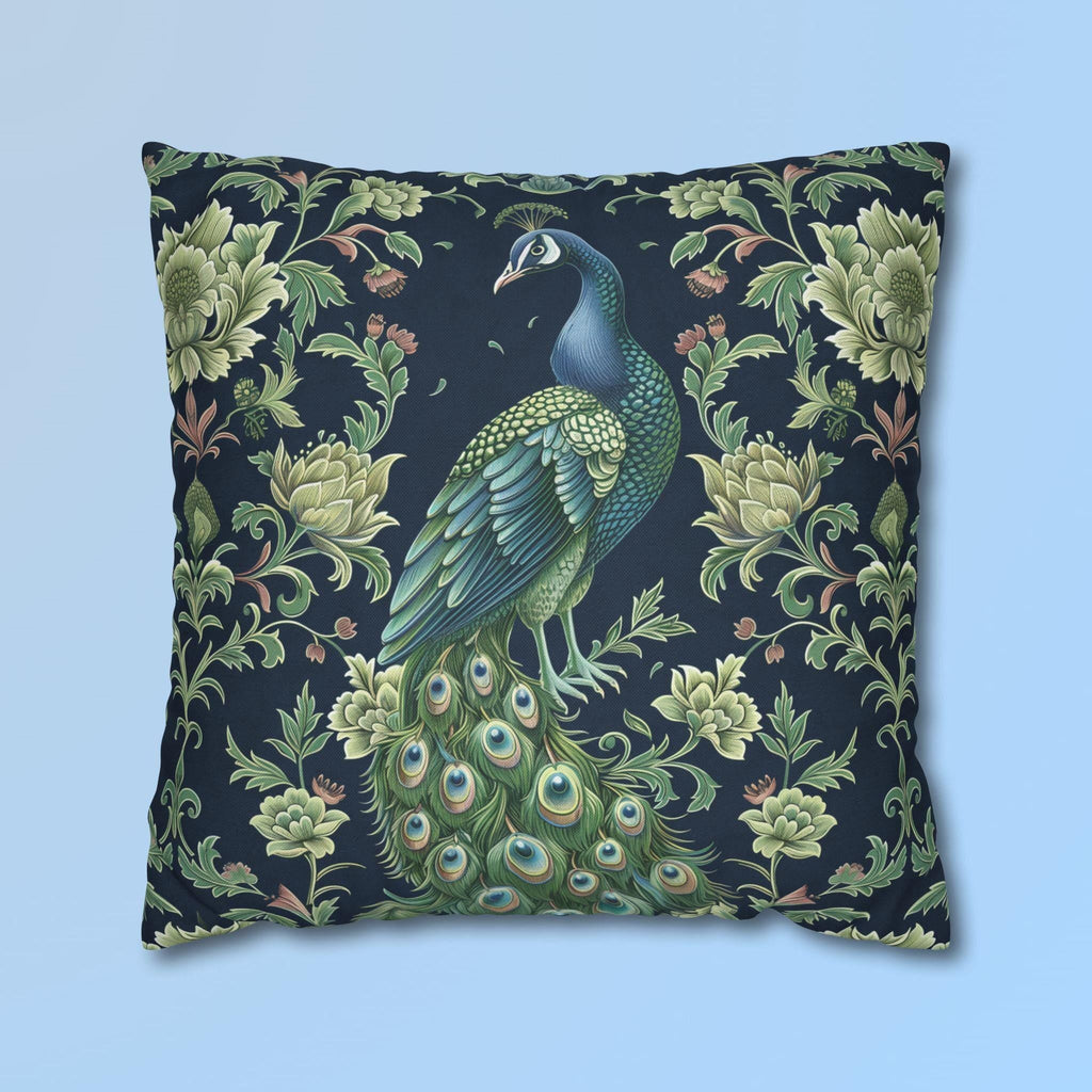 Peacock and Floral Pillow Cover | Elegant Navy Blue Background | Nature-Inspired Home Decor