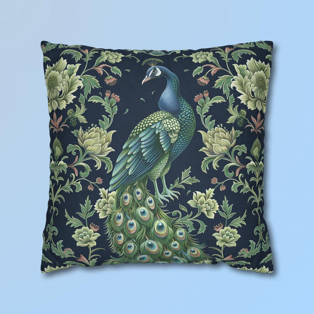Peacock and Floral Pillow Cover | Elegant Navy Blue Background | Nature-Inspired Home Decor
