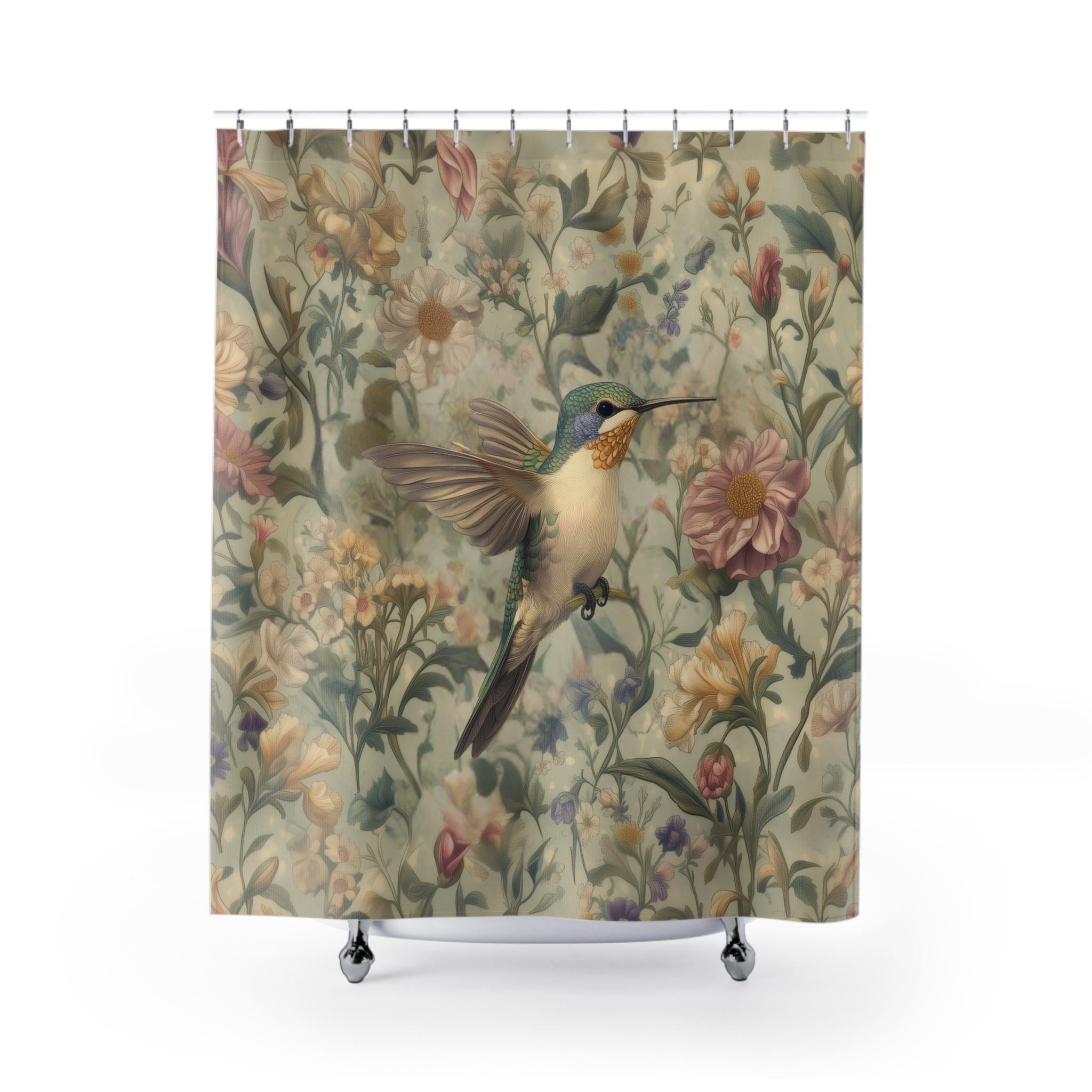 Vintage-Inspired Hummingbird Watercolor Shower Curtain: Soft Botanical Design for Cottagecore Bathrooms