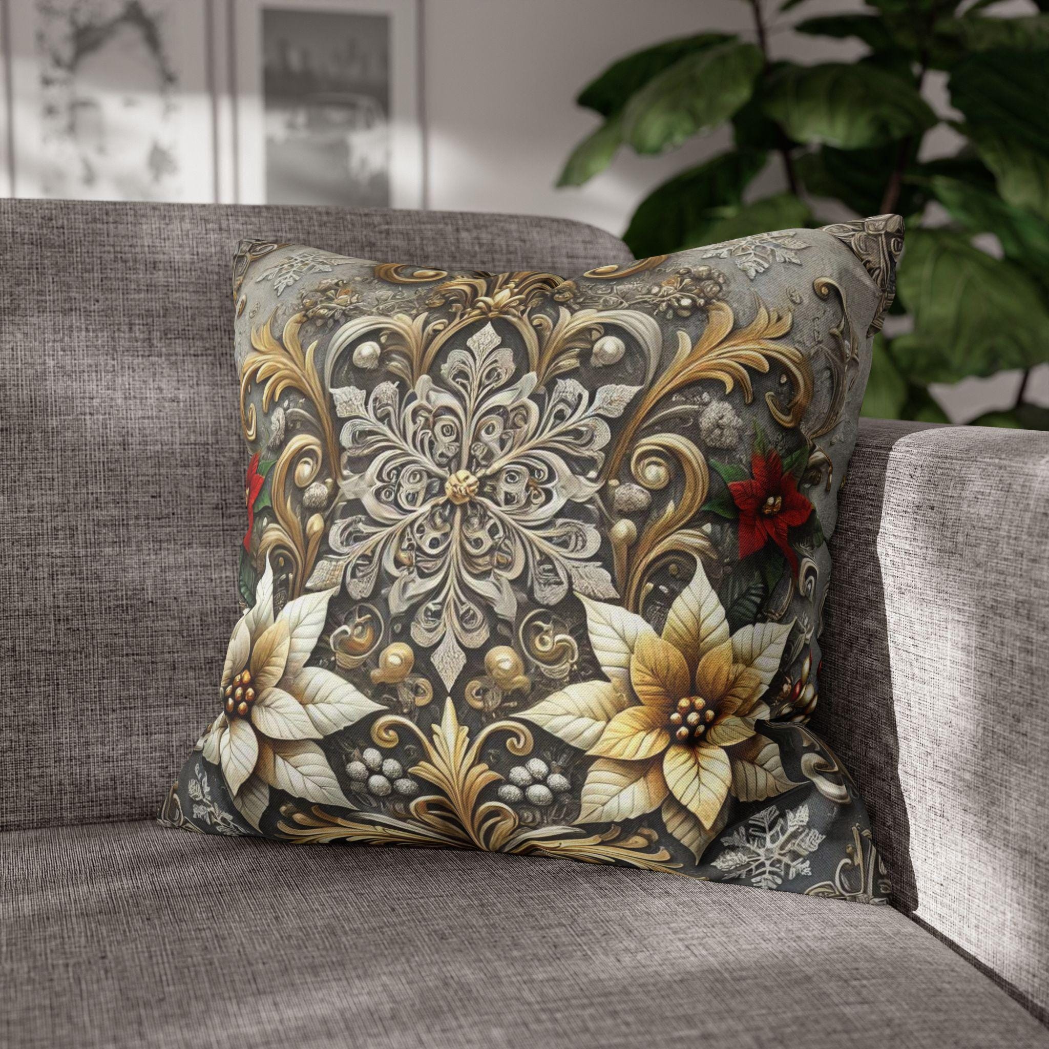 Luxurious Baroque Inspired Holiday Pillow Cover, Silver and Gold Snowflake Christmas Decor