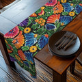 Mexican Table Runner: Bright Floral Folk Art on Black Background