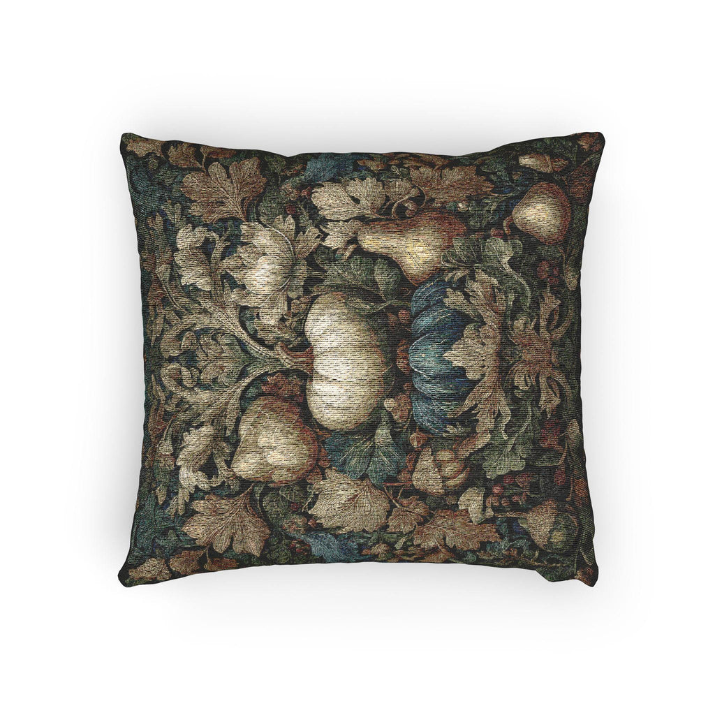 a square throw pillow with a detailed tapestry-like pattern of leaves, flowers, and fruits.