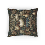a square throw pillow with a detailed tapestry-like pattern of leaves, flowers, and fruits.