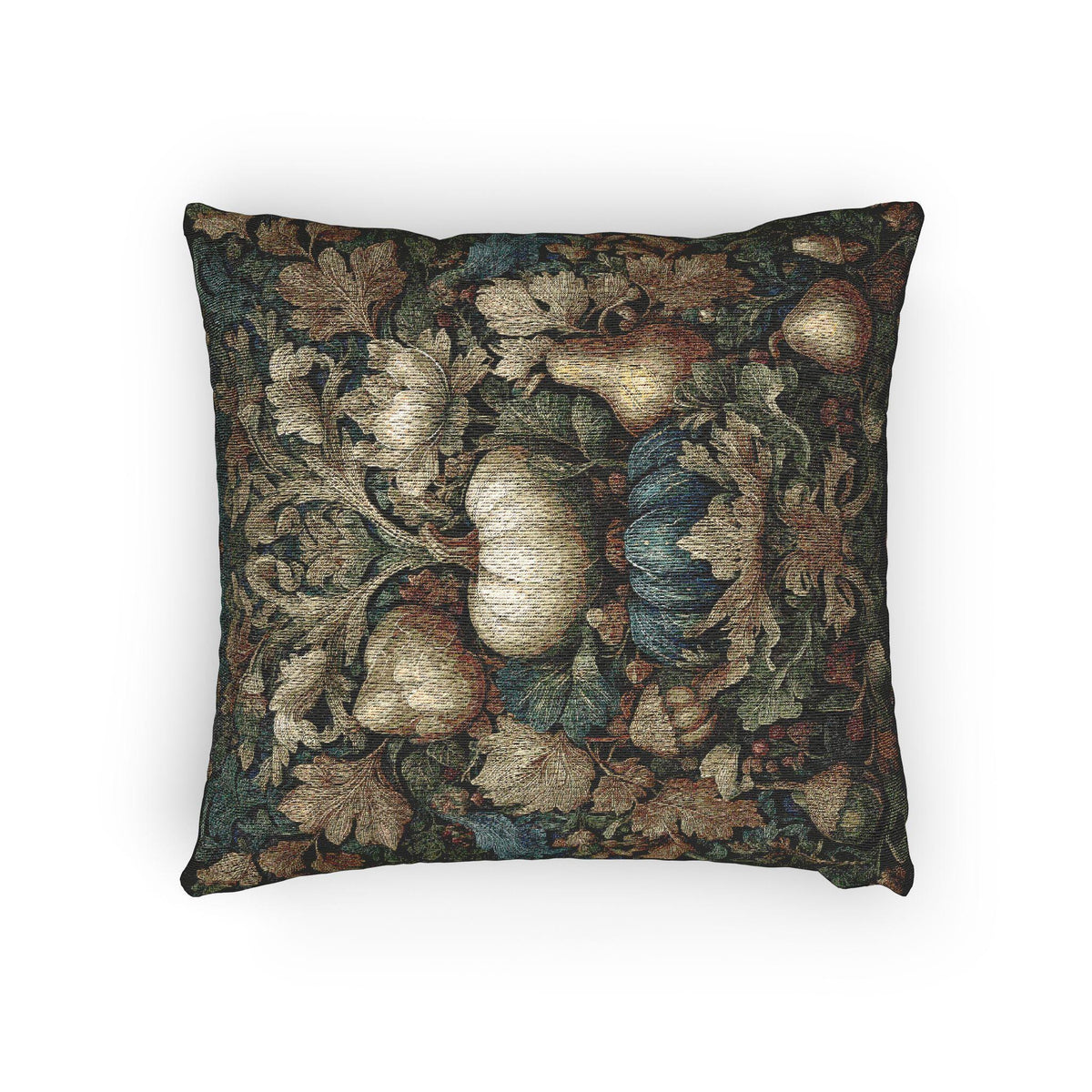 a square throw pillow with a detailed tapestry-like pattern of leaves, flowers, and fruits.