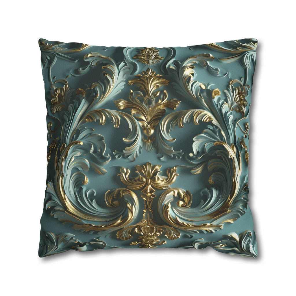 Luxurious Rococo Square Throw Pillow Cover: Teal and Soft Gold Cushion Case
