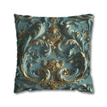 Luxurious Rococo Square Throw Pillow Cover: Teal and Soft Gold Cushion Case