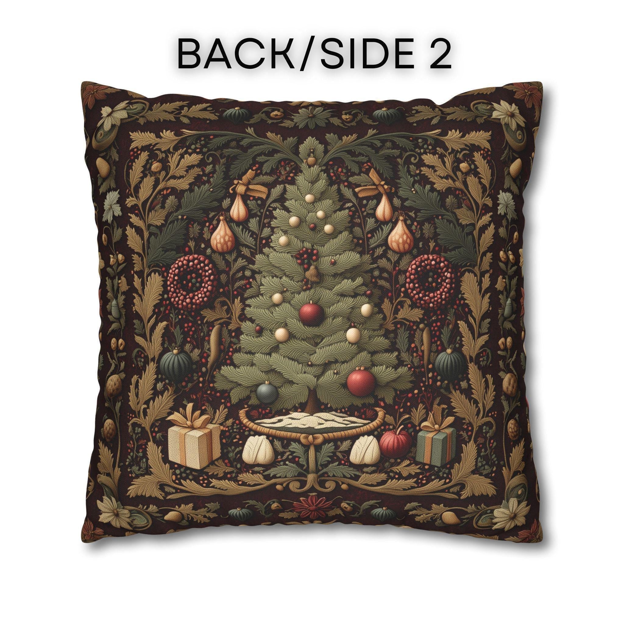 William Morris Christmas Tree Pillow Cover: Burgundy Holiday Tapestry Look