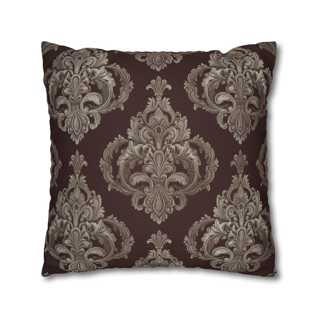 Elegant Damask Square Pillowcase: Taupe & Gray Motifs on Chocolate Brown, Sophisticated Home Decor