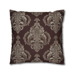 Elegant Damask Square Pillowcase: Taupe & Gray Motifs on Chocolate Brown, Sophisticated Home Decor