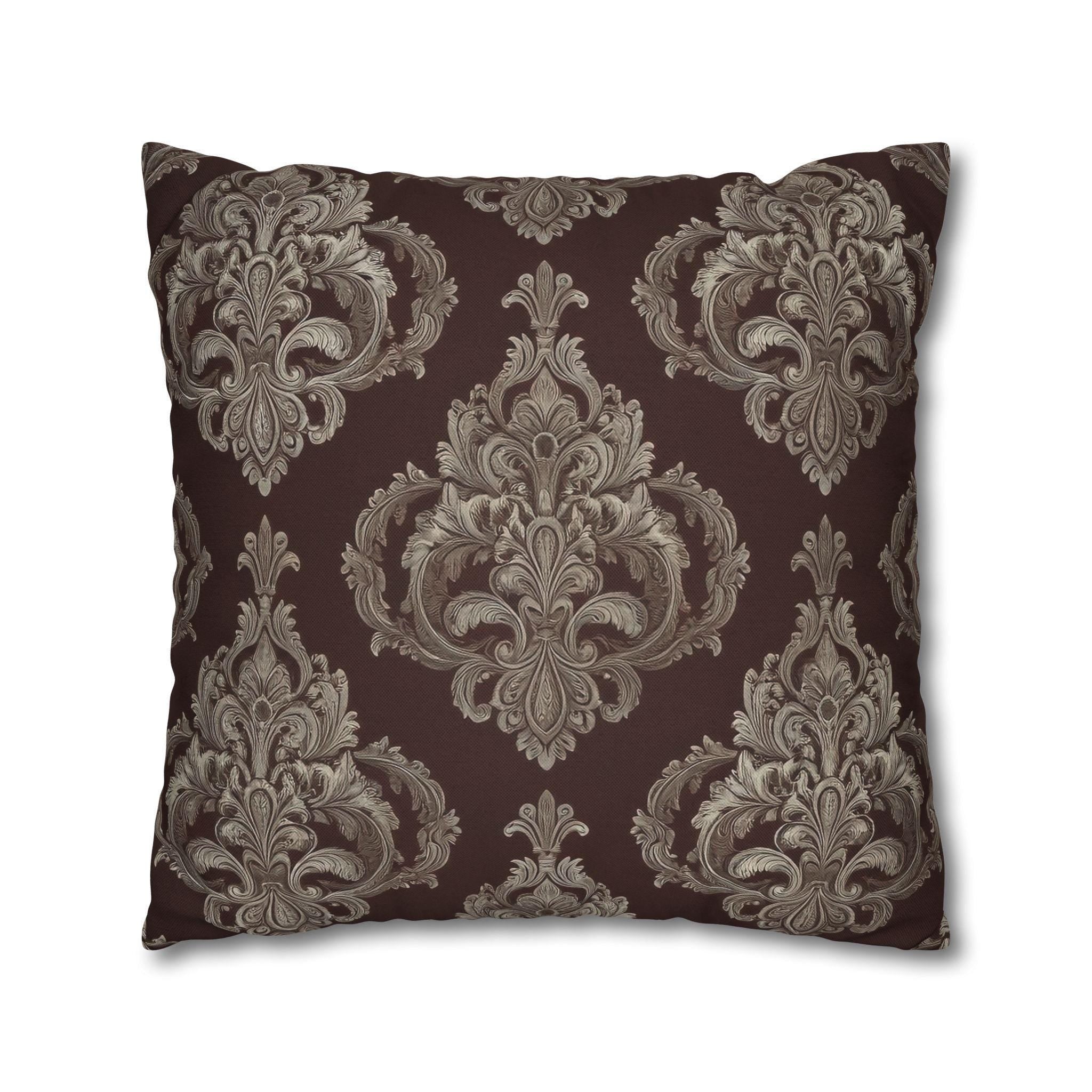 Elegant Damask Square Pillowcase: Taupe & Gray Motifs on Chocolate Brown, Sophisticated Home Decor