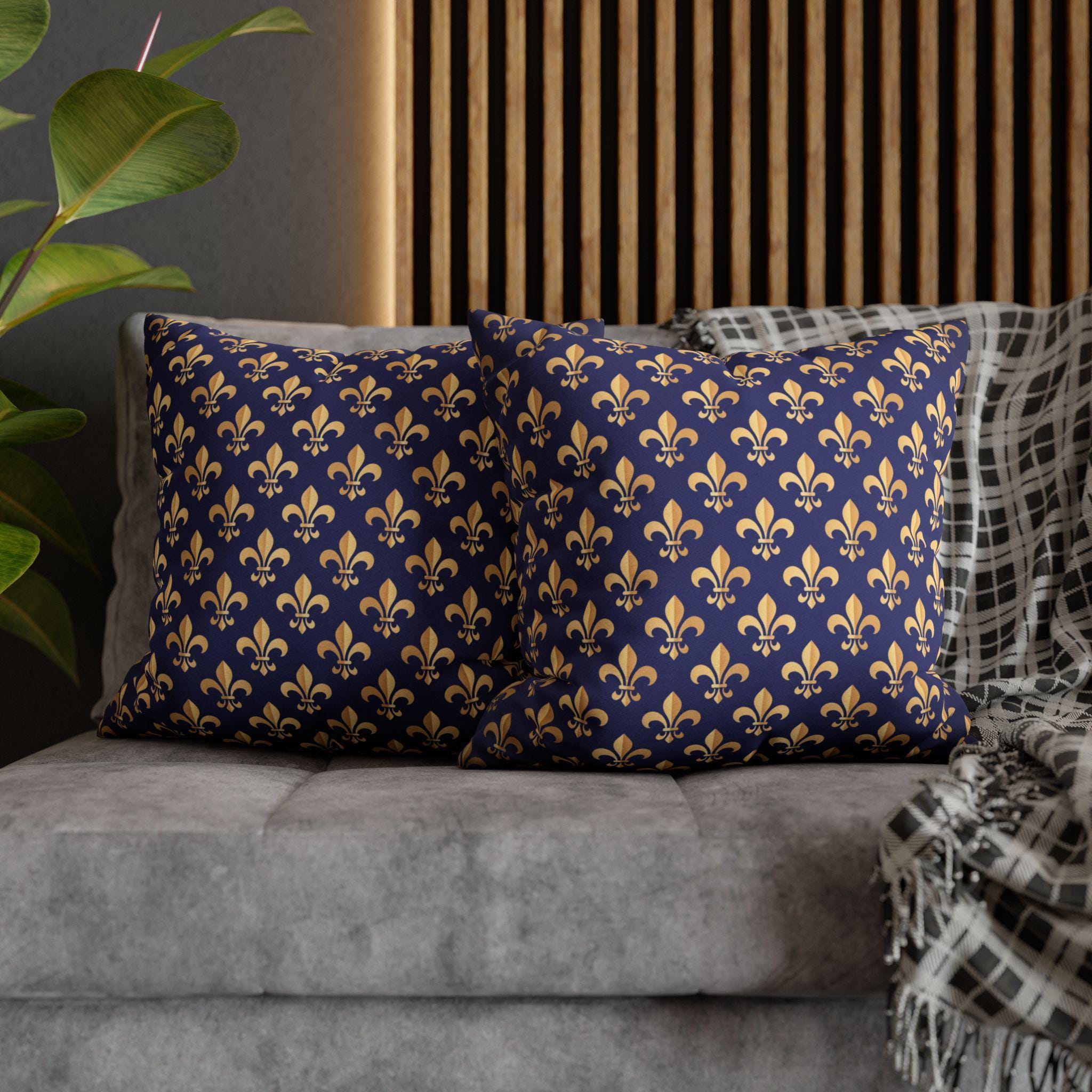 Gold and Royal Blue Fleur de Lys Pillow Cover: Classic French Heraldic Pattern