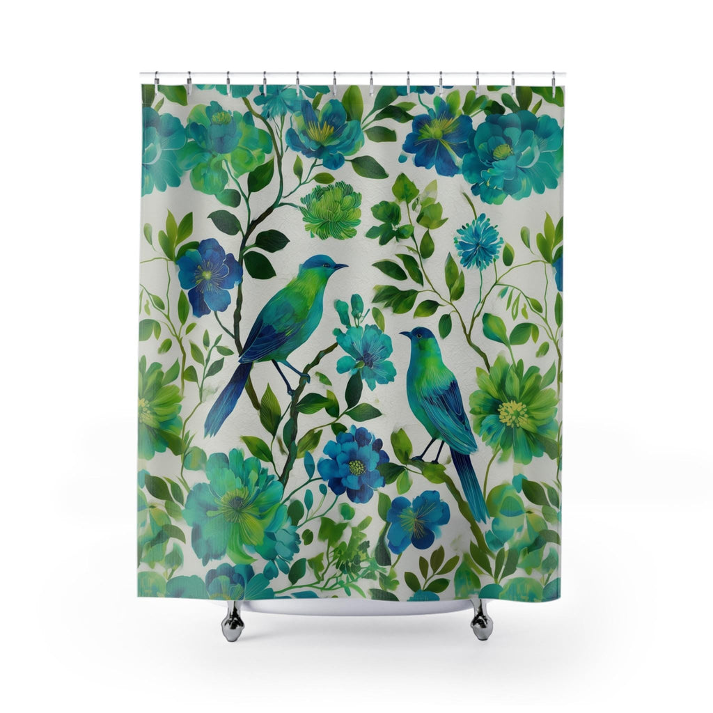 Elegant Chinoiserie Shower Curtain: Blue-Green Birds & Blossoms for Nature-Inspired Bath Decor