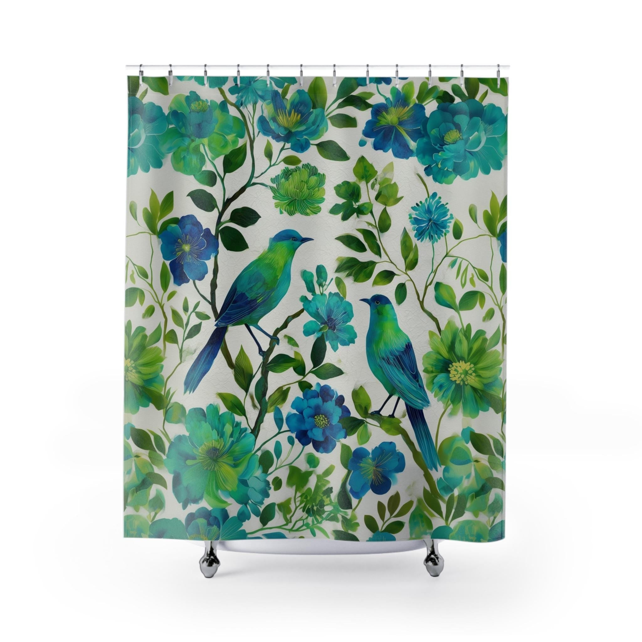Elegant Chinoiserie Shower Curtain: Blue-Green Birds & Blossoms for Nature-Inspired Bath Decor