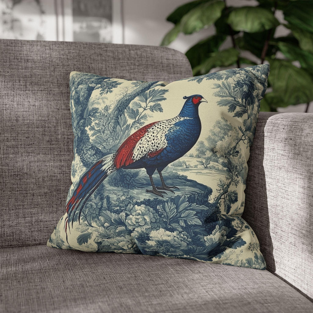 French Country Blue Pheasant Pillow Cover: Vintage Toile Bird and Botanical Design