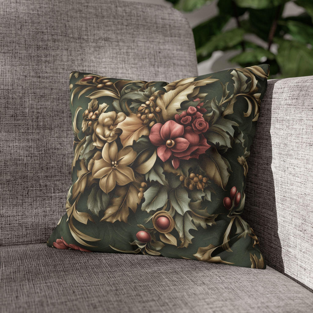 William Morris Inspired Holly & Poinsettia Christmas Pillow Cover: Pine, Gold, Cranberry