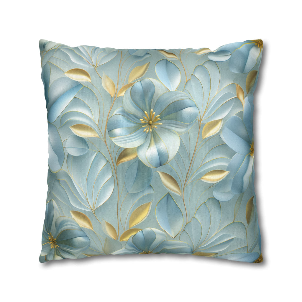 Blue Magnolia Throw Pillow Cover: Gold Leaf Floral Cushion
