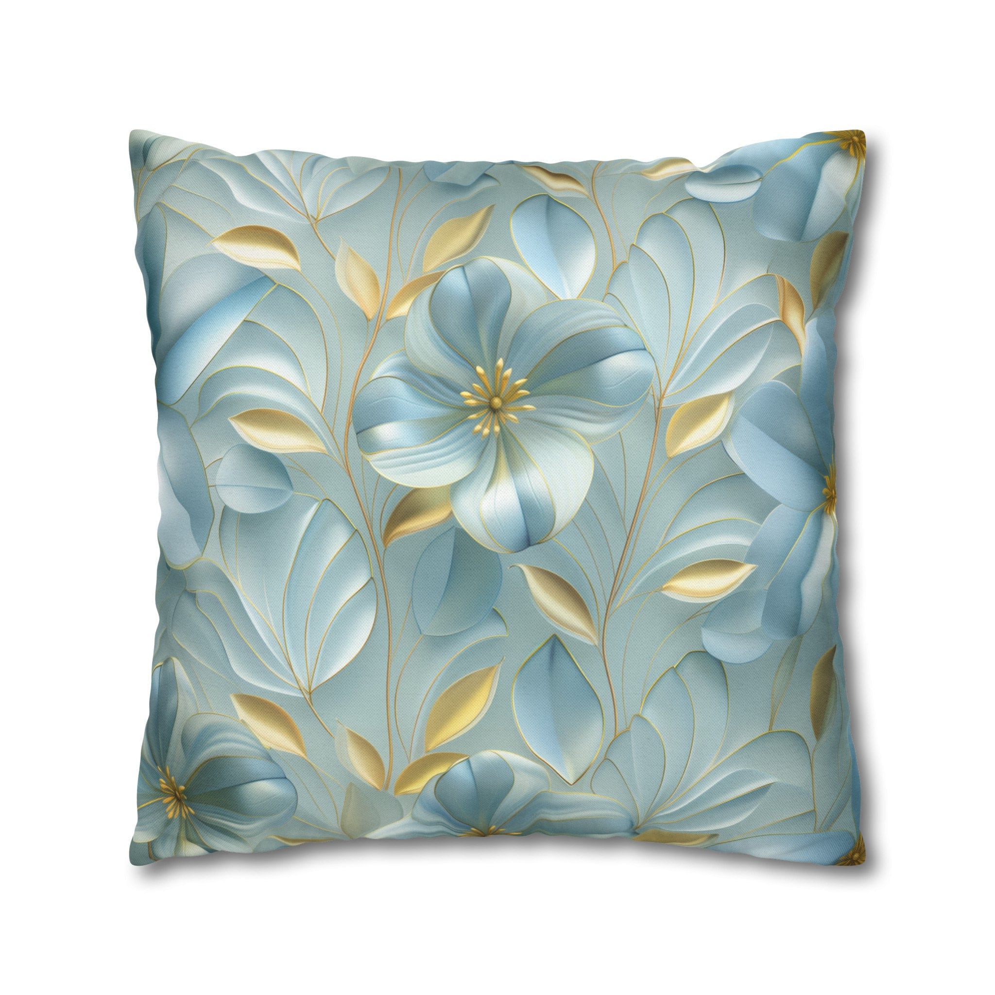 Blue Magnolia Throw Pillow Cover: Gold Leaf Floral Cushion