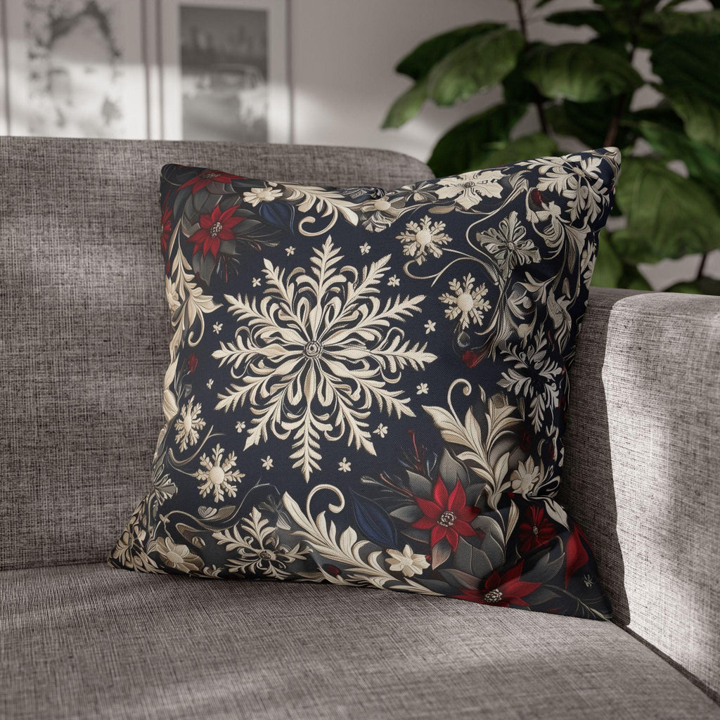 Christmas Snowflake & Poinsettia Pillow Cover: Navy Blue Cream and Garnet Red Cushion Case