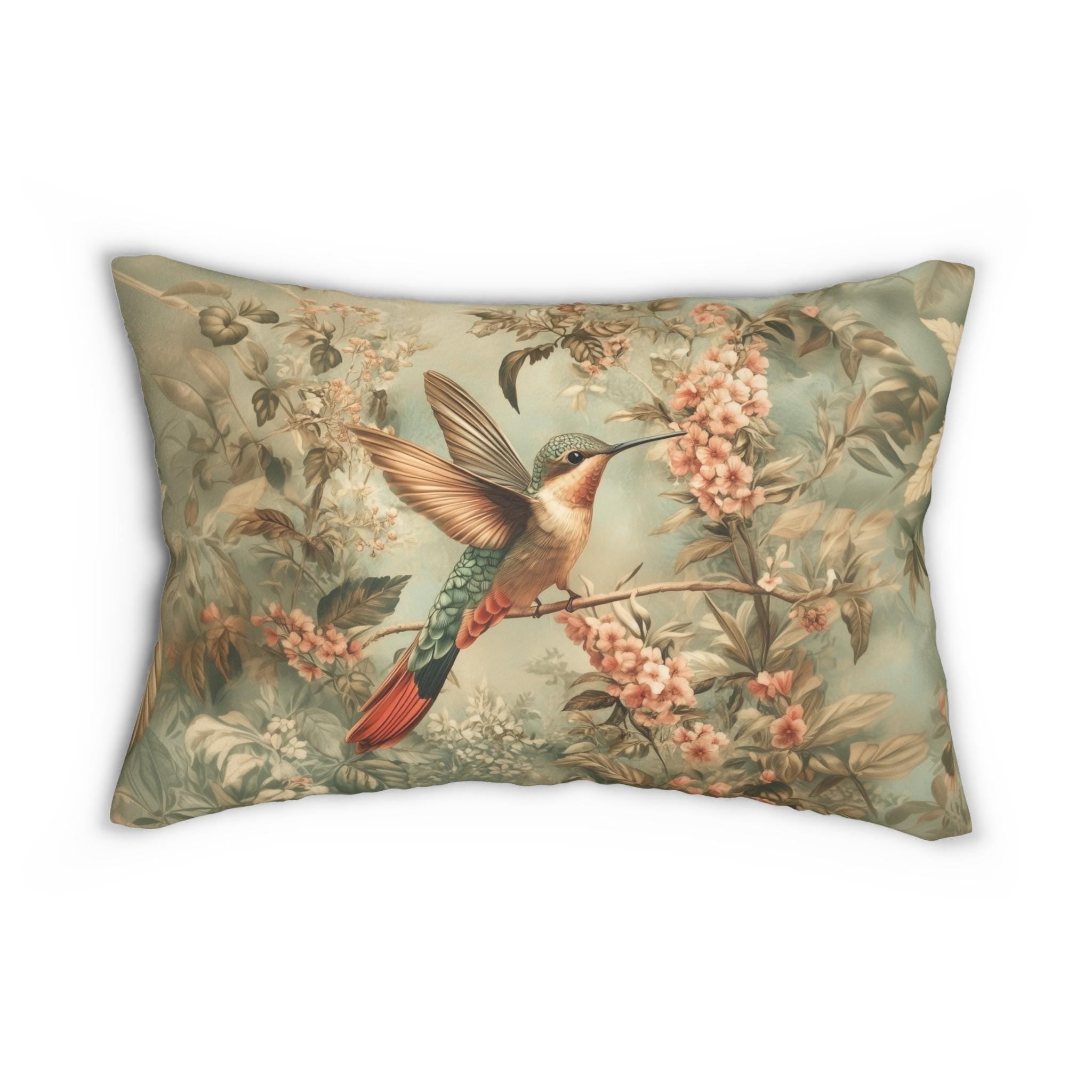 William Morris Botanical  Lumbar Pillow: Sage Blush Teal Hummingbird Arts & Crafts Accent