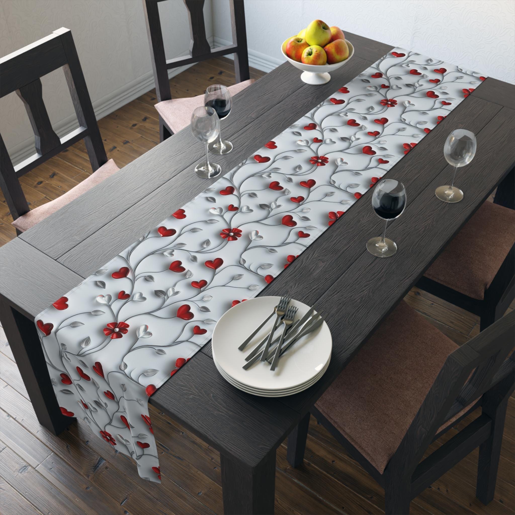 Table Runner: Romantic Red Flowers and Silver Vines