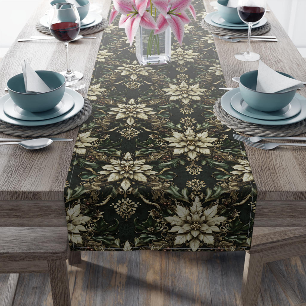 Holiday Poinsettia Table Runner,  Christmas Dining Decor in Red, Green, Gold & Creamy Beige