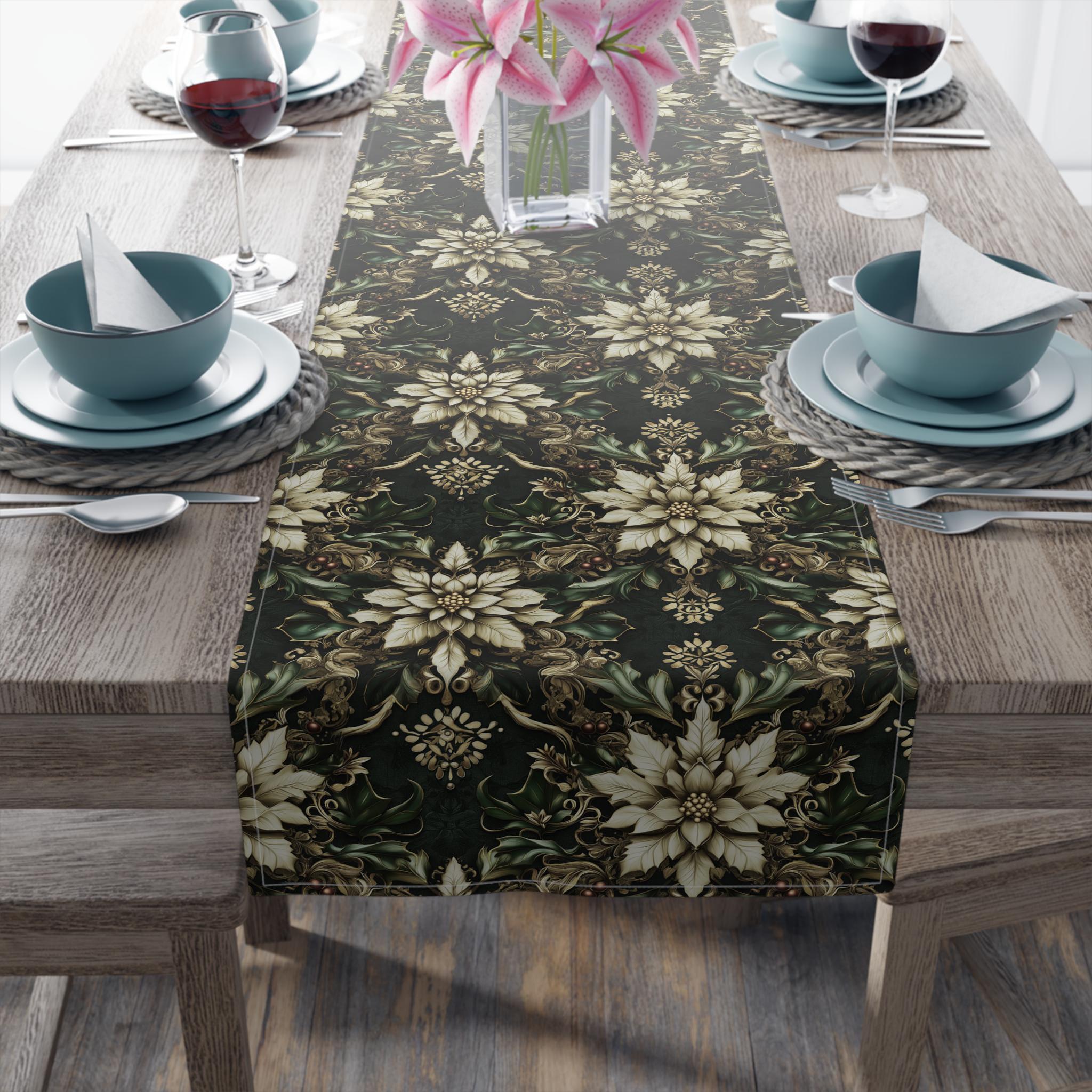 Holiday Poinsettia Table Runner,  Christmas Dining Decor in Red, Green, Gold & Creamy Beige