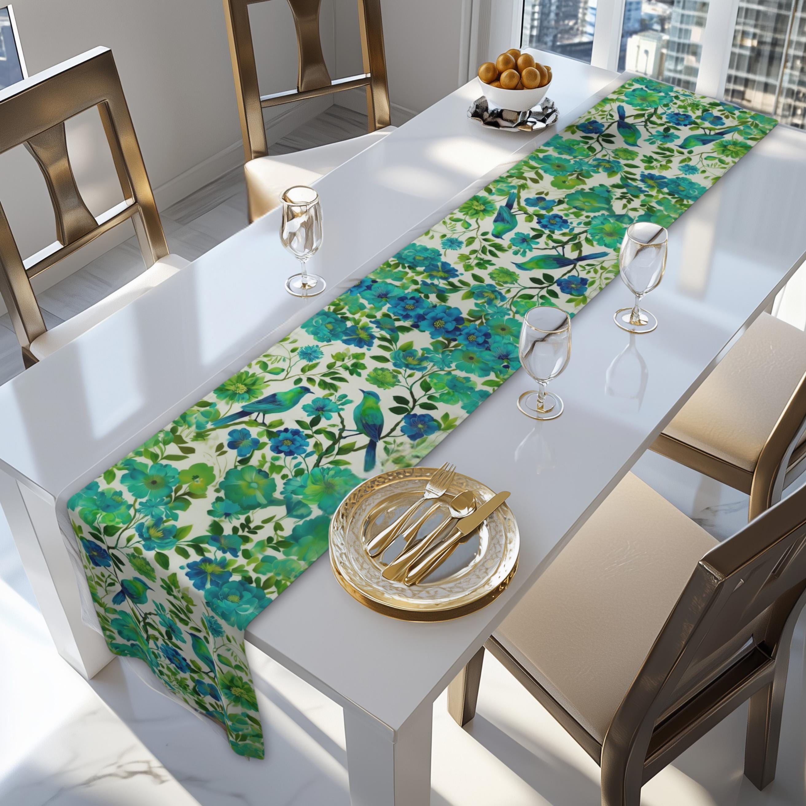 Chinoiserie Bird Table Runner: Teal Green Watercolor Floral
