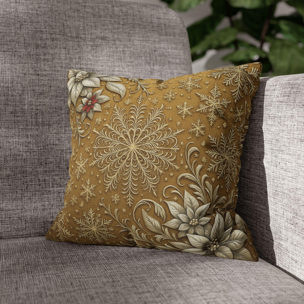Elegant Vintage Inspired Pillow Cover: Silver Poinsettia and Snowflakes on a Rich Golden Background