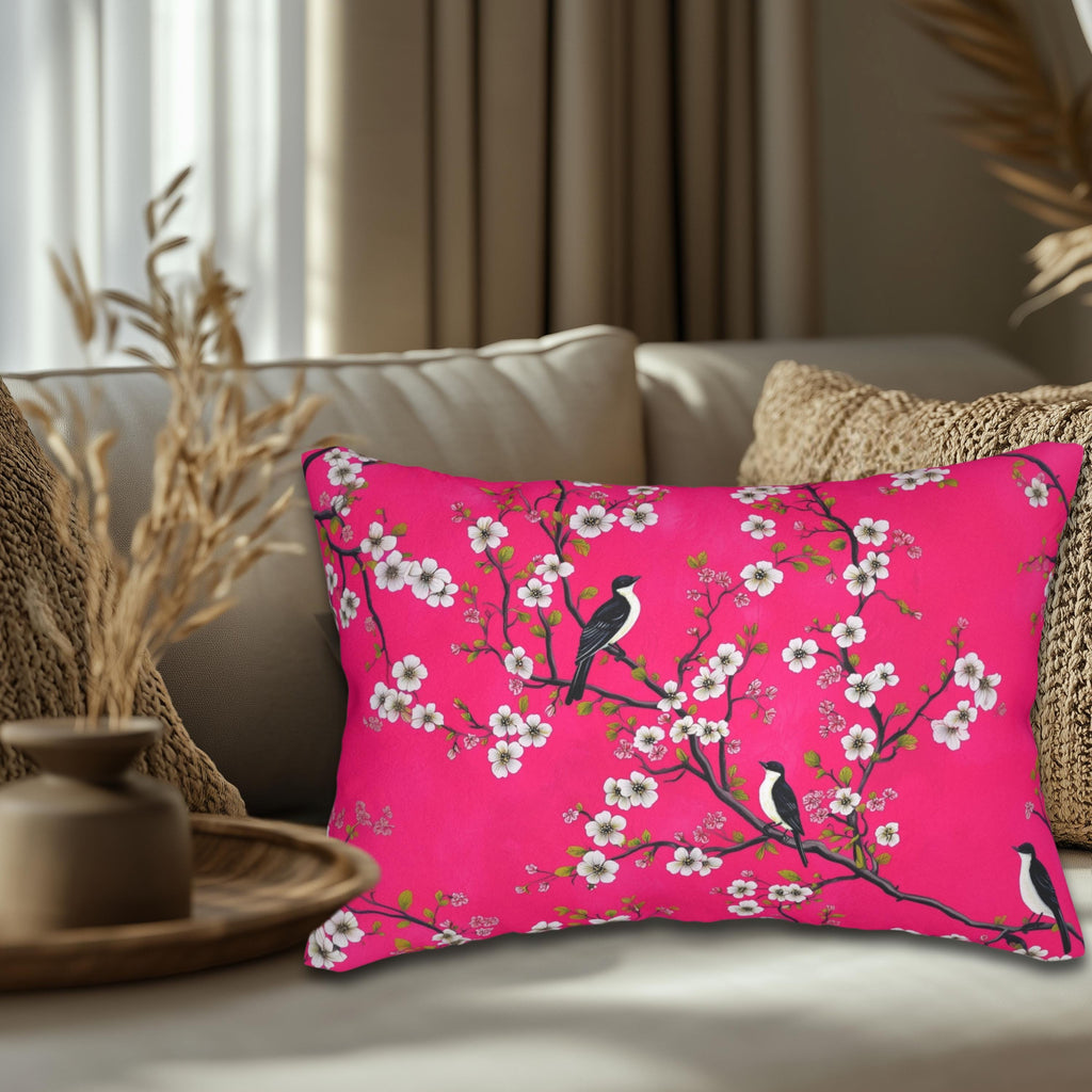 Chinoiserie Magenta Bird Lumbar Pillow: Vibrant Botanical Accent for Eclectic Decor