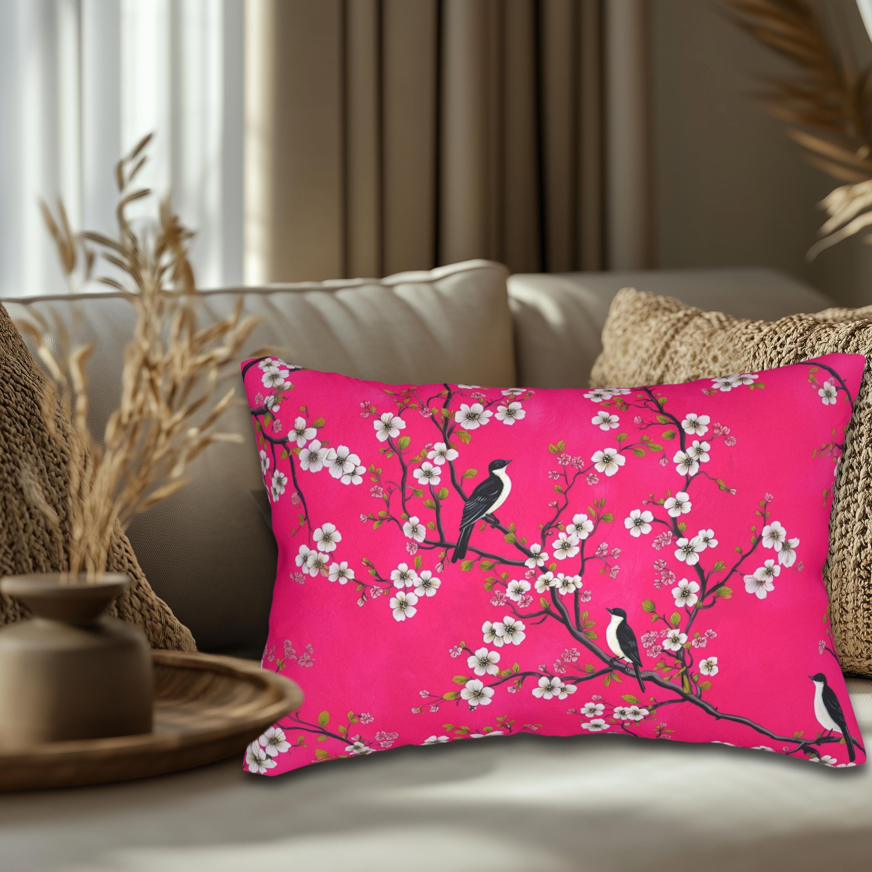 Chinoiserie Magenta Bird Lumbar Pillow: Vibrant Botanical Accent for Eclectic Decor