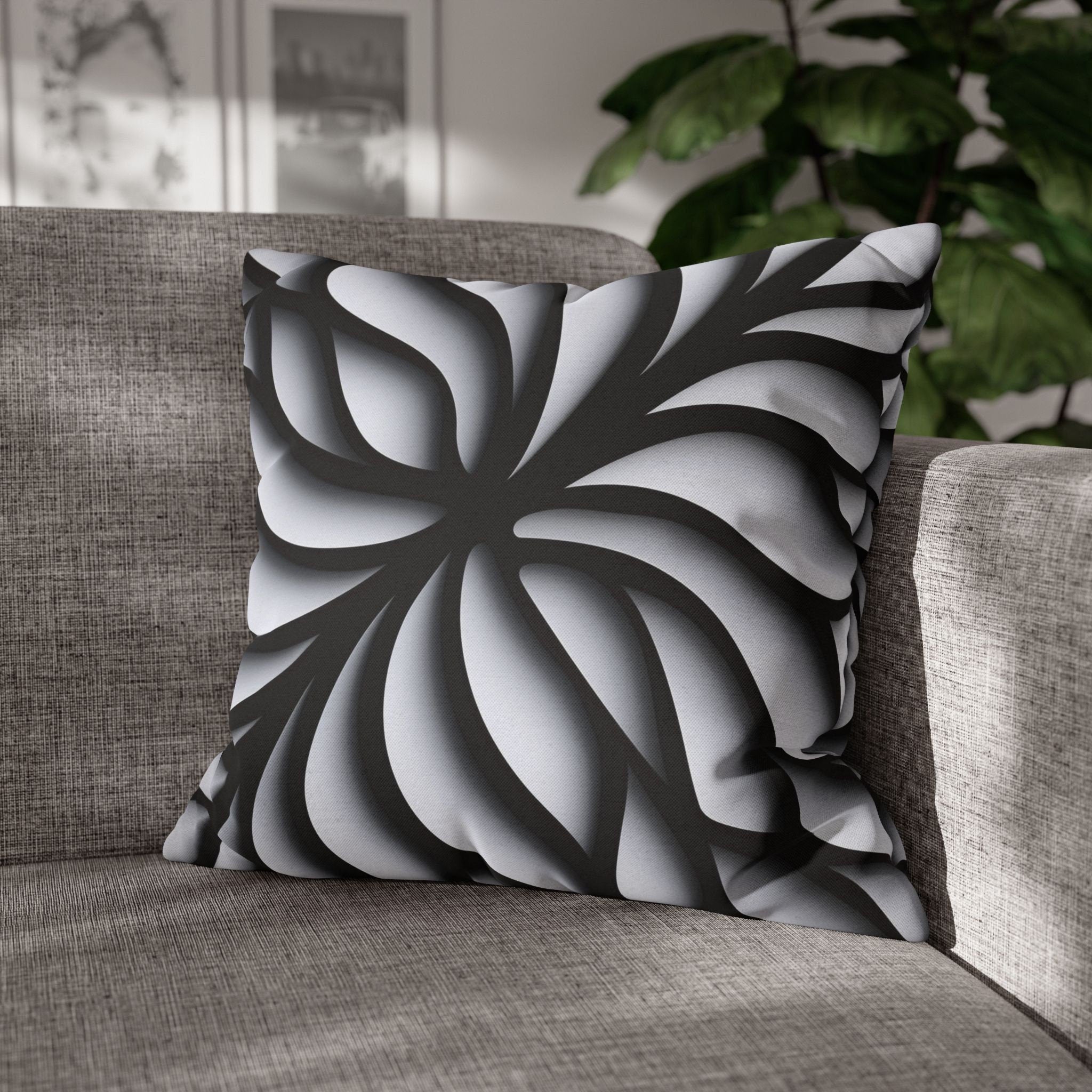 Abstract Floral Pillow Cover, Black and White Geometric Cushion