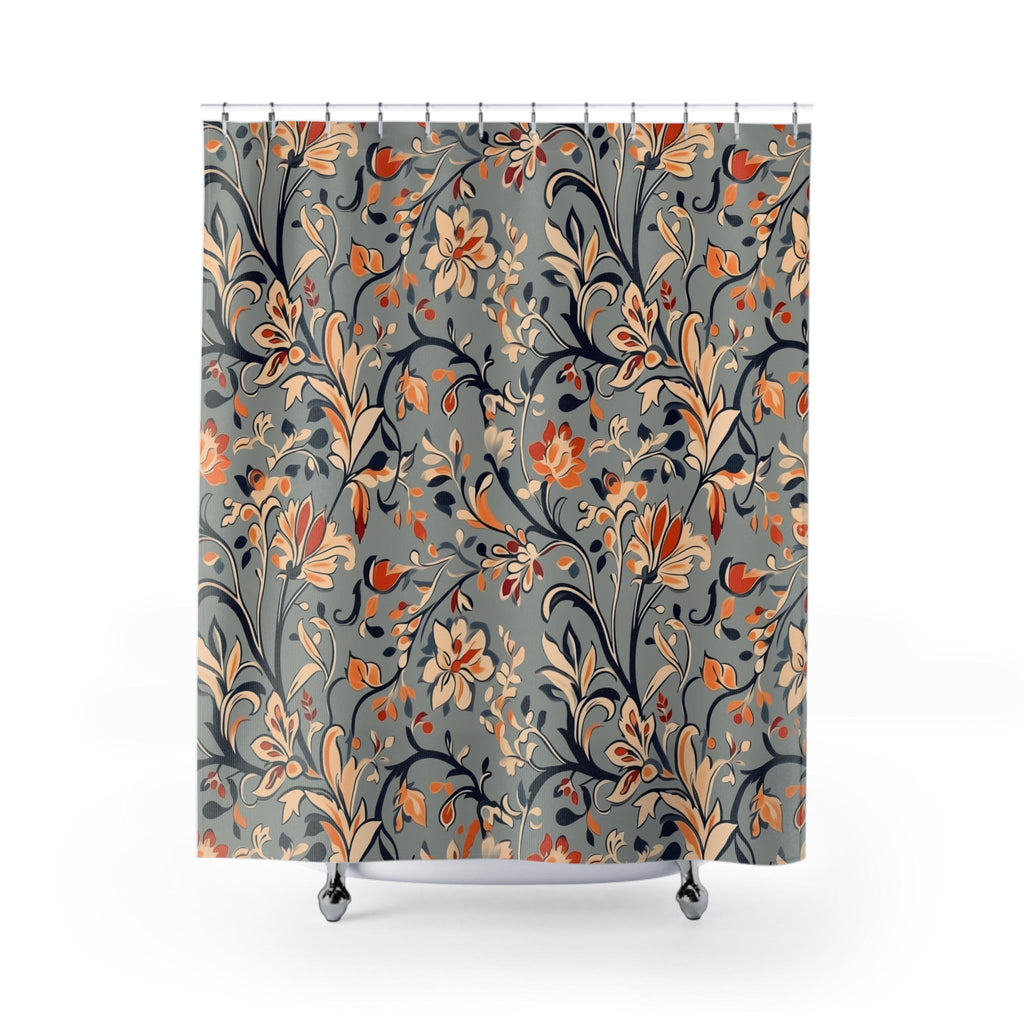 Vintage-Inspired Floral Shower Curtain: Warm Autumn Botanicals on Dusty Blue Background