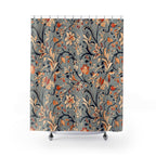 Vintage-Inspired Floral Shower Curtain: Warm Autumn Botanicals on Dusty Blue Background