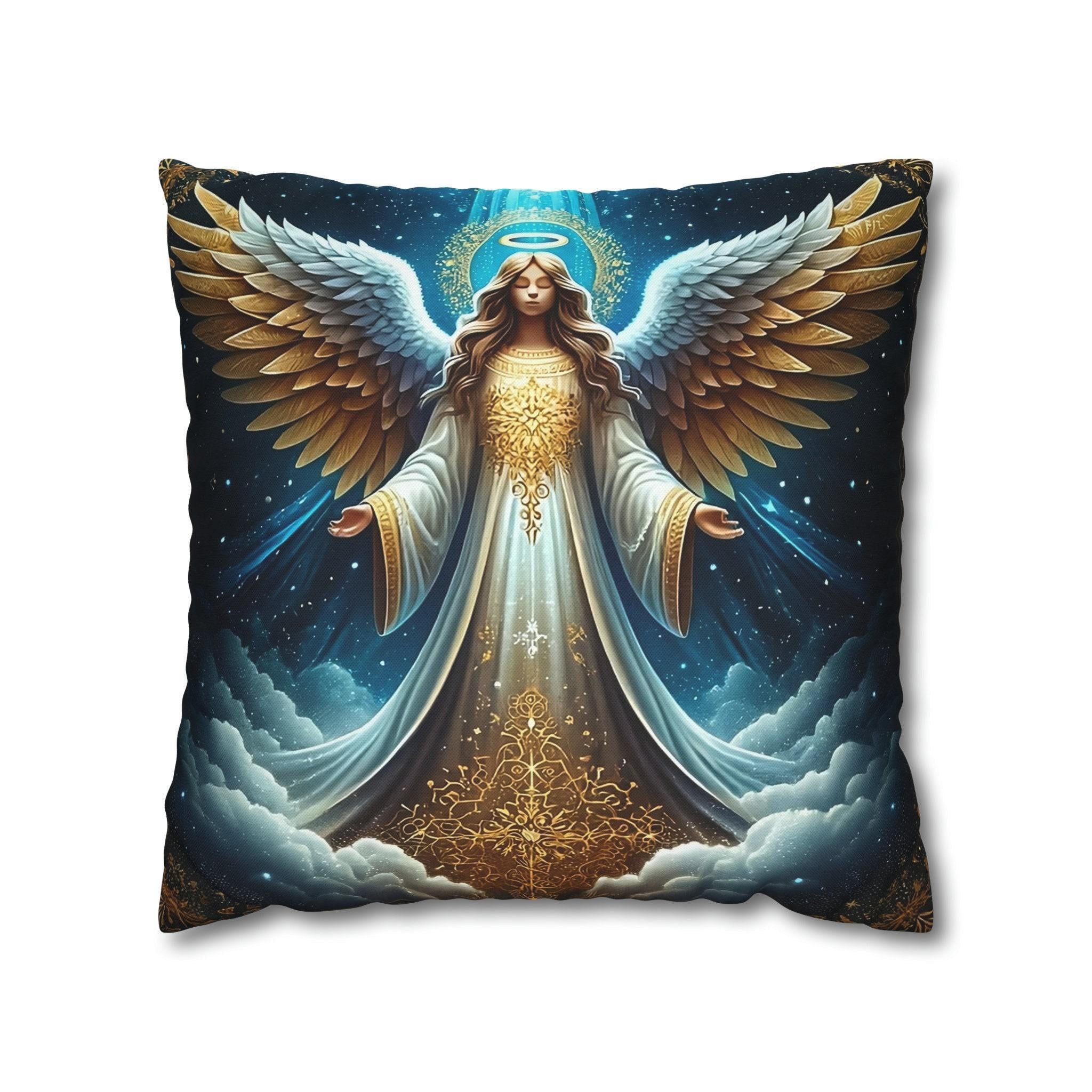 Angelic Christmas Pillow Cover: Golden Wings, Starlit Night Design
