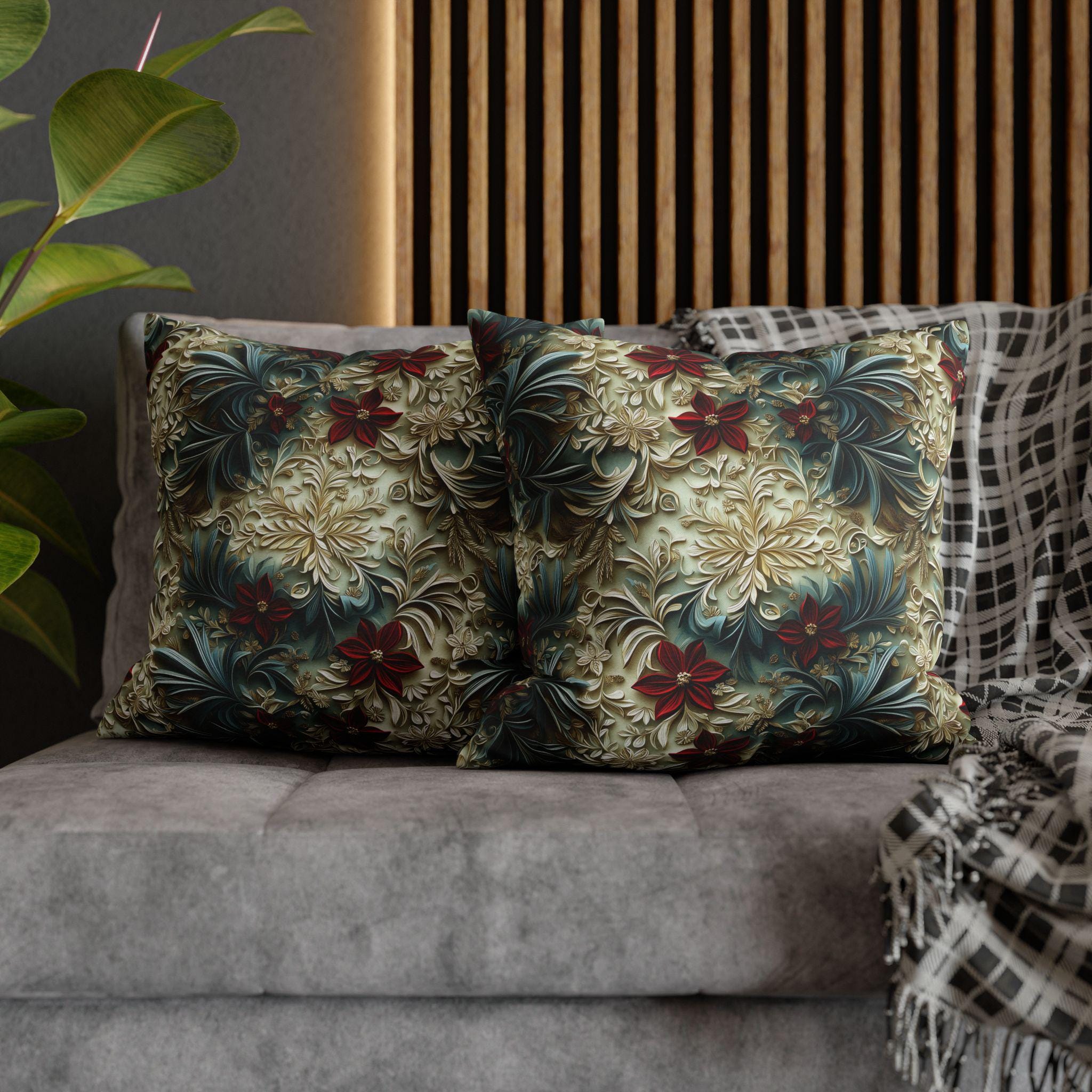 Luxurious Poinsettia Floral Pillow Cover: Elegant Red, Gold & Green Holiday Home Decor Accent
