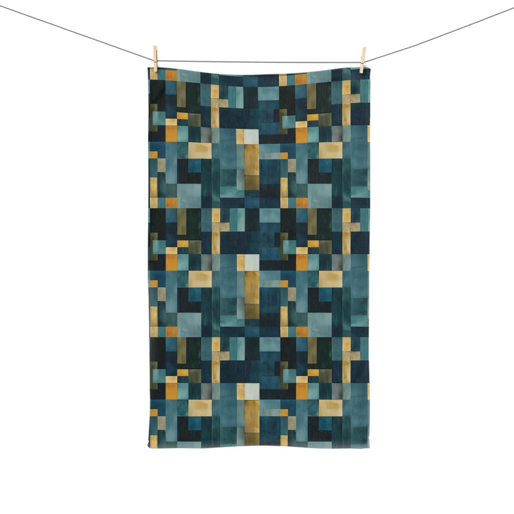 Geometric Abstract Hand Towel: Blue & Earthy Tones, Modern Rustic Decor, Hand-painted Effect