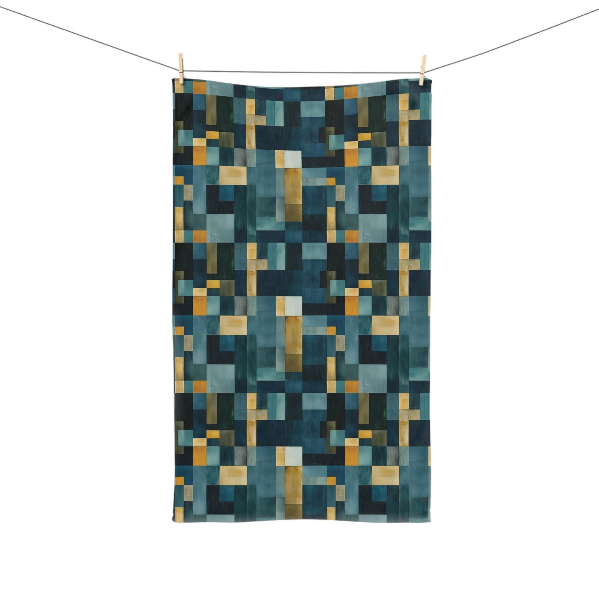 Geometric Abstract Hand Towel: Blue & Earthy Tones, Modern Rustic Decor, Hand-painted Effect
