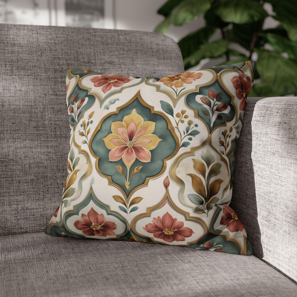 Moroccan Floral Pillow Cover: Teal, Terracotta, Gold Medallion Design