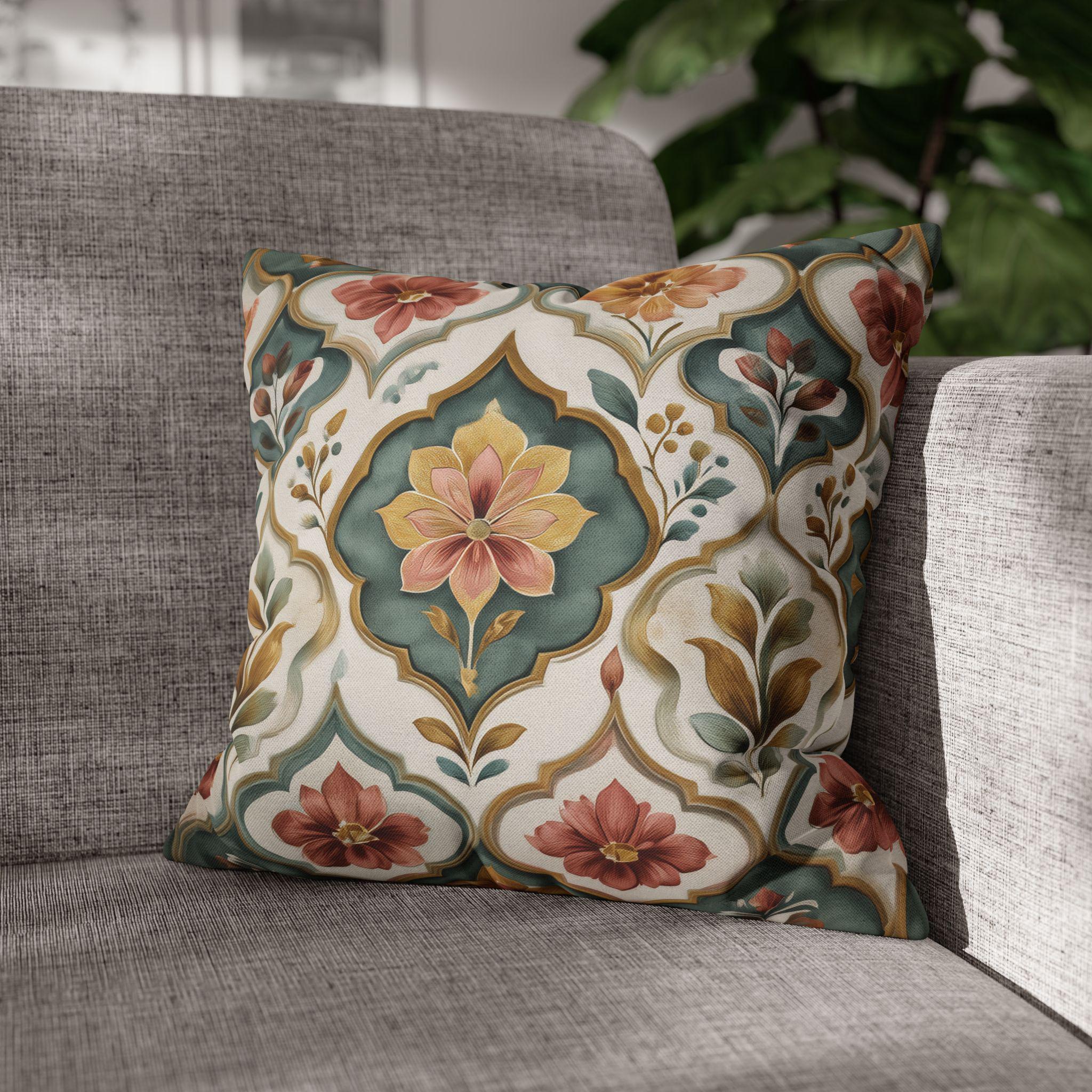 Moroccan Floral Pillow Cover: Teal, Terracotta, Gold Medallion Design