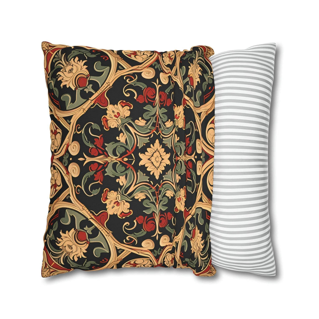 Renaissance Floral Pillow Cover: Red, Green & Gold on Dark Ground