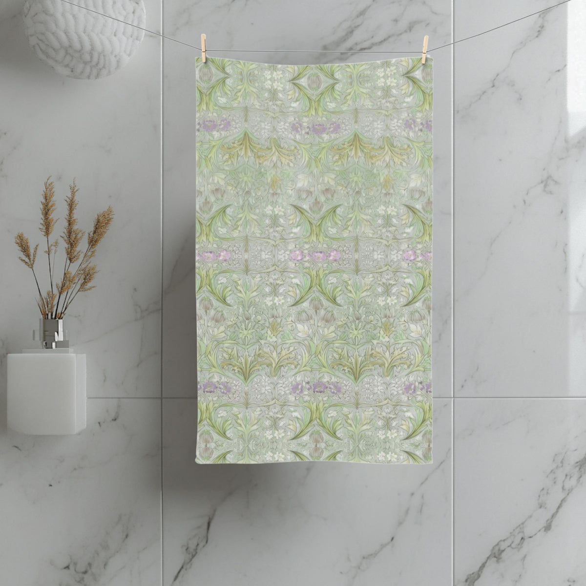 William Morris inspired Hand Towel: Soft Sage Botanical with Muted Lavender