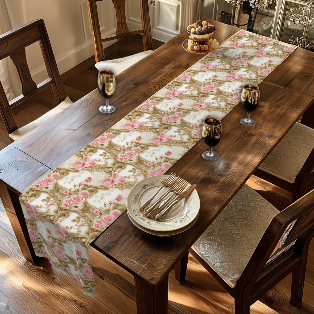 Wedding Table Runner with Pink Roses and Gold Scrollwork: Romantic Floral Decor