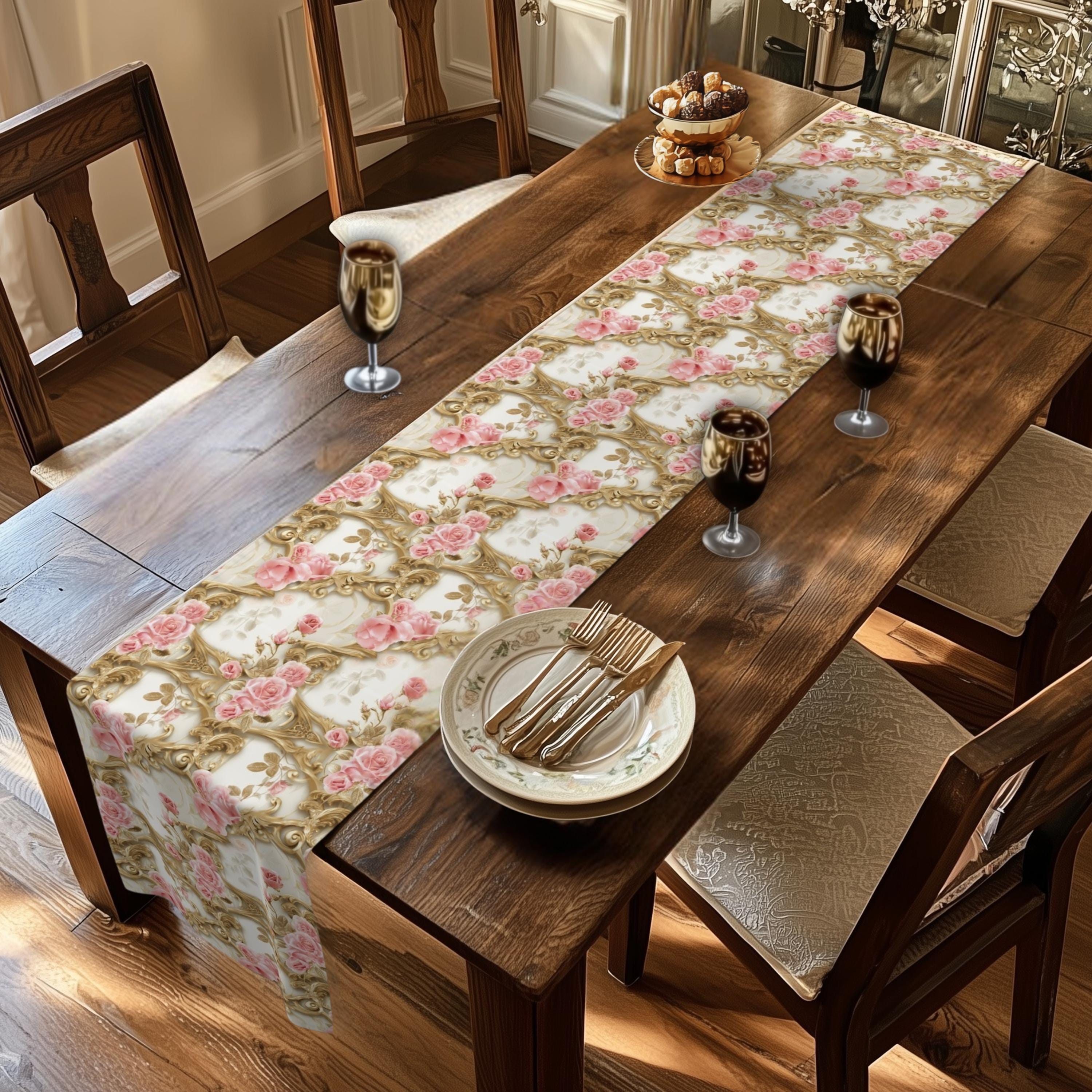 Wedding Table Runner with Pink Roses and Gold Scrollwork: Romantic Floral Decor